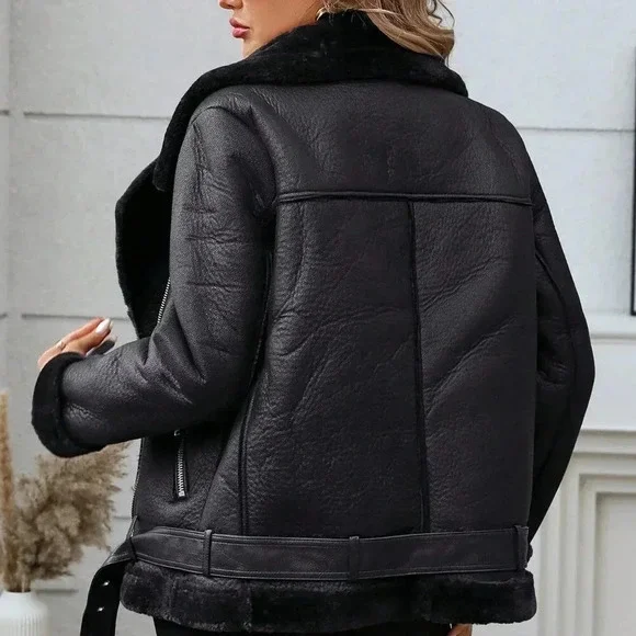 Black Casual Women's Faux Leather Winter Jacket - Picture 4 of 4